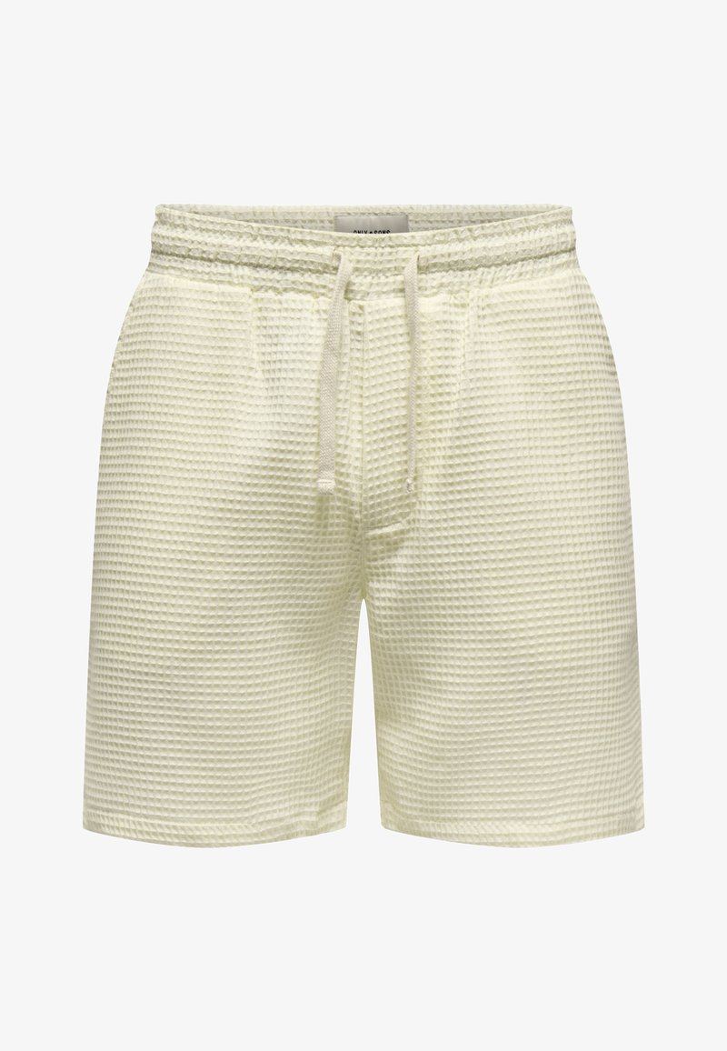 Pantalones cortos amarillos claros de tela texturizada tipo waffle, con cinturilla elástica y cordón, bolsillos laterales y un corte relajado.