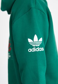 Green sweatshirt with a hood, featuring a white Adidas logo and graphic print, made from soft fabric with a casual fit.