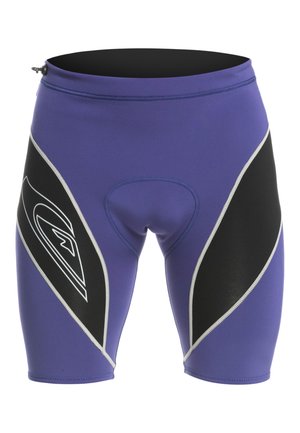 Purple wetsuit shorts featuring black side panels, silver accent stitching, and a fitted design. Includes a zipper at the waistband.