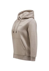 Beige hoodie med framficka, dragsko i huvan och ribbade ärmar. Tillverkad av mjukt bomullsmaterial. Diskret logotyp på bröstet.