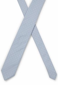 Hellblauer Schal mit feinem weißen Punkte-Muster, aus Textilmaterial gefertigt, mit klassischem schmalem Design und spitzem Ende.