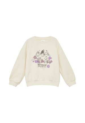 Cremefarbener Sweatshirt mit Illustration von drei Mädchen, violetten Blumen und dem Text "Friendship is the purest love" auf der Vorderseite.