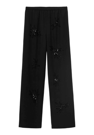 Pantalons larges noirs ornés de sequins floraux. Fabriqués en tissu doux avec une taille élastique pour un confort optimal et un bon ajustement.