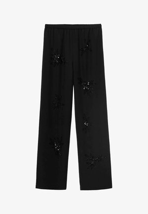 Pantaloni neri a gamba larga con decorazioni di paillettes floreali. Realizzati in morbido tessuto con vita elastica per comfort e vestibilità.