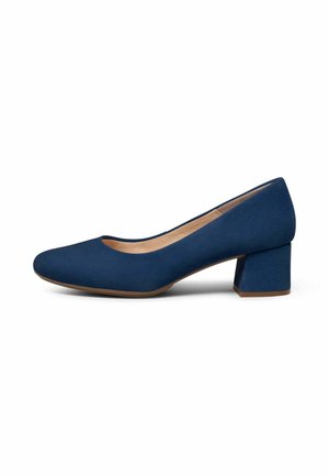 Zapato de tacón bajo de bloque para mujer en azul marino con puntera redondeada y acabado liso, mostrado de lado sobre un fondo blanco.