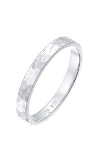 Silver ring with a hammered texture, flat profile, and polished inner surface. Marked with "925" for sterling silver.
