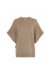 Světlobéžový oversized pletený svetr s krátkými rukávy, žebrovaným kulatým výstřihem a výraznými knoflíky na boku. Měkká textura a uvolněný střih.