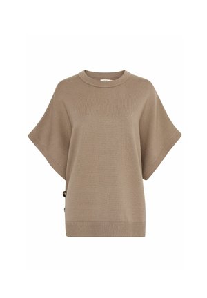 Světlobéžový oversized pletený svetr s krátkými rukávy, žebrovaným kulatým výstřihem a výraznými knoflíky na boku. Měkká textura a uvolněný střih.