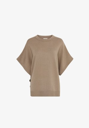 Lichtbruine oversized gebreide trui met korte mouwen, geribbelde ronde hals en accentknopen aan de zijkant. Zachte textuur en een ontspannen pasvorm.