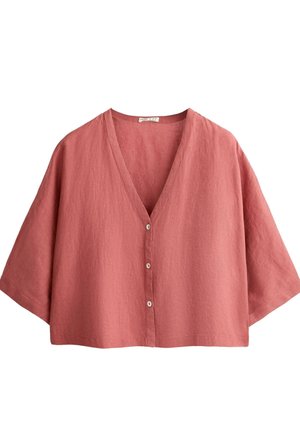 Loose-fit, dusty rose linen blouse with three front buttons and wide elbow-length sleeves, featuring a deep V-neckline.