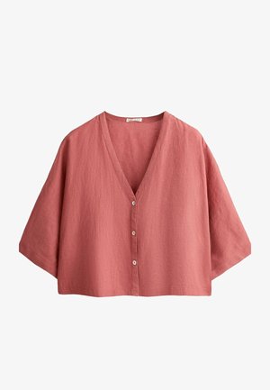 Locker sitzende, altrosa Leinenbluse mit drei Knöpfen vorne und weiten, ellbogenlangen Ärmeln, mit tiefem V-Ausschnitt.