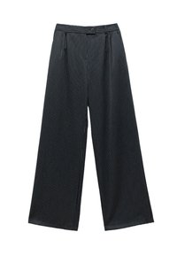 Pantalons larges à rayures verticales noires et grises, dotés d'une fermeture à bouton, de passants de ceinture et d'une texture lisse.