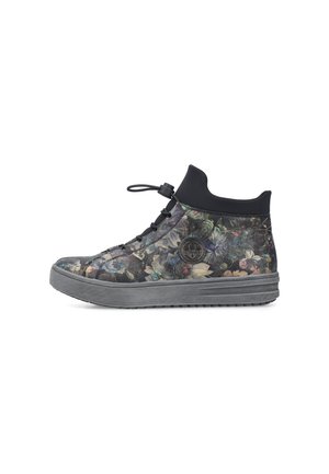 High-Top-Sneaker mit schwarzem Blumenmuster, schwarzem gepolstertem Knöchelkragen, elastischen Schnürsenkeln mit Kordelstopper und dicker grauer Sohle.