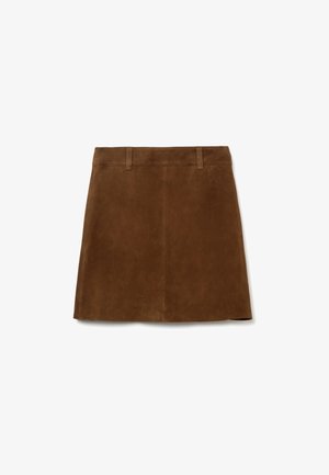 Brown suede A-line skirt with belt loops, no visible closures, displayed flat on white background.