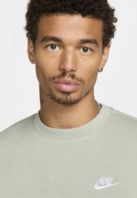 Light green crewneck sweatshirt made from soft fabric, featuring a white Nike logo embroidered on the chest. Minimal design, smooth texture.