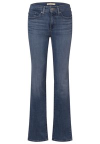 Blue denim flared jeans with a medium wash, five pockets, belt loops, and a front button closure. Smooth texture with subtle fading.