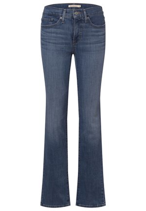 Blue denim flared jeans with a medium wash, five pockets, belt loops, and a front button closure. Smooth texture with subtle fading.