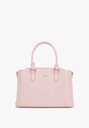 Roze leren handtas met dubbele handvatten, gouden hardware accenten, rechthoekige vorm, gladde textuur en logo-detail aan de voorkant.