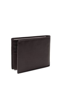 Portefeuille en cuir marron avec une surface texturée, comportant plusieurs emplacements pour cartes et un design plié. Coutures aux bords, sans matériel visible.