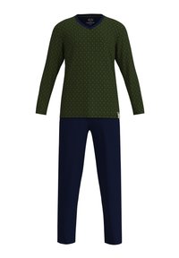 Dark green long-sleeve top with a V-neck, featuring a subtle pattern and navy-blue accents. Paired with navy pants in a straight cut.