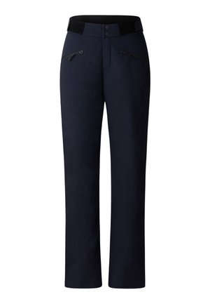Marineblaue Hose aus glattem Stoff mit geradem Schnitt, zwei Reißverschlusstaschen und einem strukturierten Bund.