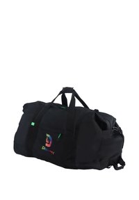 Borsone nero con accenti verdi, dotato di una tasca frontale e di un colorato logo "Discovery". Realizzato in tessuto resistente, con doppie maniglie.