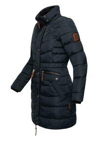 Navy puffer coat with a high collar, zippered pockets, ribbed cuffs, and leather accents on shoulders. Quilted pattern for insulation.