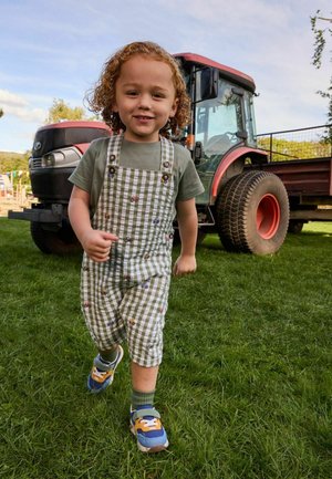 Unge barn med krøllet hår iført grønternet overalls og sneakers, der går på græs nær en rød traktor på en solrig dag.