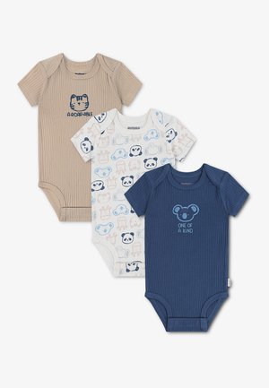 Tre kortærmede babydragter i beige, hvid med dyreprint og navyblå med koala og tekst "One of a kind."