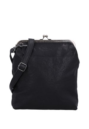 Musta nahkainen olkalaukku, jossa säädettävä olkahihna ja hopeanvärinen metallikiinnitys yläosassa.