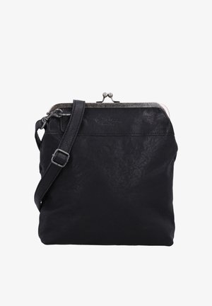 Sac bandoulière en cuir noir avec bandoulière réglable et fermeture à boucle en métal argenté sur le dessus.