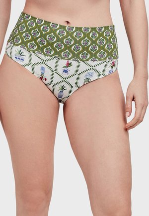 Parte inferior de bikini alta con una banda verde con un diseño estampado de flores y una parte inferior blanca con motivos florales en contraste.