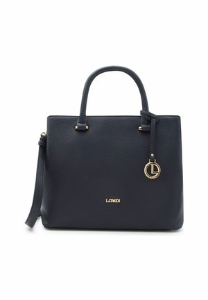 Sac à main en cuir noir texturé avec deux poignées, logo doré "L.CREDI" et un pendentif rond en or suspendu à une poignée.