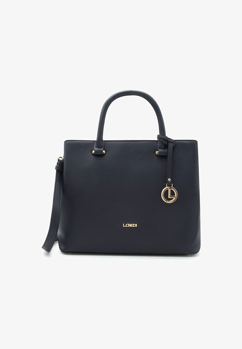 Sac à main en cuir noir texturé avec deux poignées, logo doré "L.CREDI" et un pendentif rond en or suspendu à une poignée.
