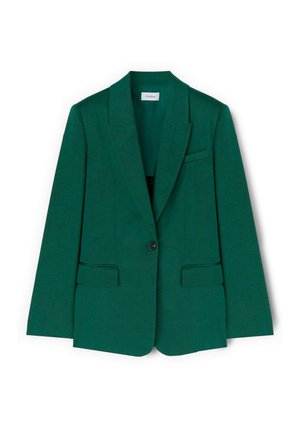 Tmavě zelené sako na jedno knoflíkové zapínání s vykrojenými klopami, dvěma předními kapsami s klopami a náprsní kapsou.