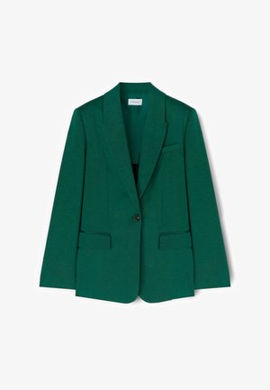 Tmavě zelené sako na jedno knoflíkové zapínání s vykrojenými klopami, dvěma předními kapsami s klopami a náprsní kapsou.