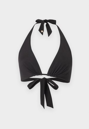 Black halter bikini top with ties at neck and back, featuring a small gold accent on the neck tie.