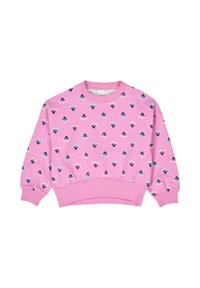 Felpa rosa con un design cropped, caratterizzata da un motivo geometrico colorato di piccole forme in blu, crema e blu scuro. Maniche lunghe.