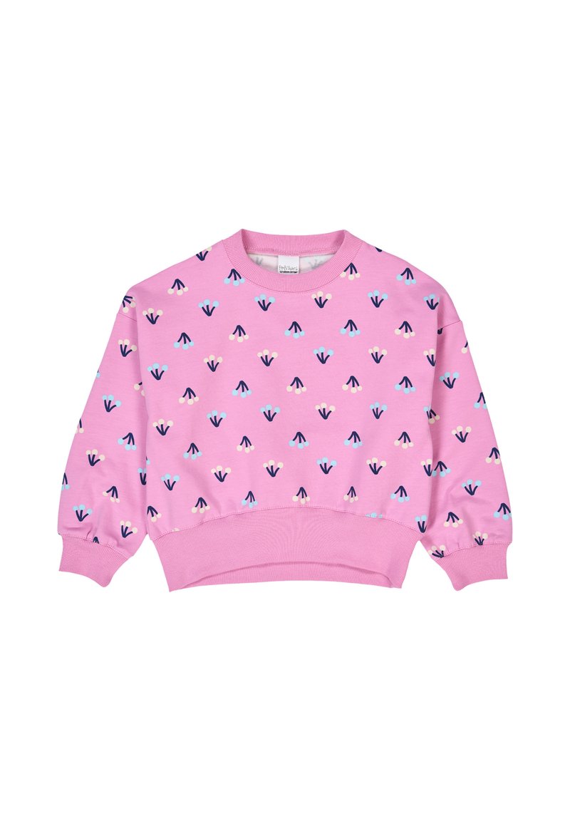 Felpa rosa con un design cropped, caratterizzata da un motivo geometrico colorato di piccole forme in blu, crema e blu scuro. Maniche lunghe.