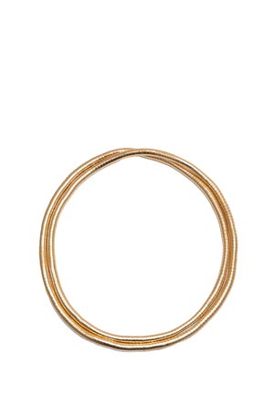 Gold-tone metal bangle with a smooth, shiny surface and a multiple strand design, creating a twisted appearance. Circular shape.