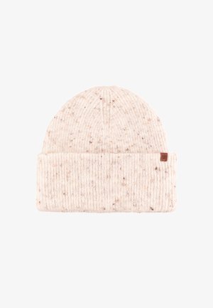 Knit beanie in light beige with flecks of brown. Features a folded cuff and textured ribbed design. Soft, warm material.