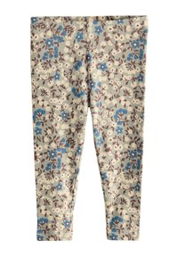 Legginsy w kwiaty o prążkowanej fakturze w jasnej zieleni, z niebieskimi i brązowymi kwiatami na kremowym tle. Elastyczny pas.