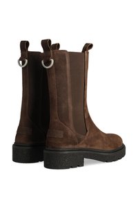 Botines de ante marrón con paneles laterales elásticos, suelas de goma texturizadas, tiradores y acentos de hardware plateado.
