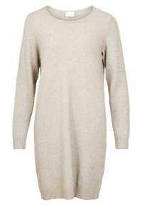 Robe-pull beige en maille avec manches longues, encolure ronde et poignets côtelés. Texture douce et coupe droite.