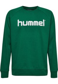 Felpa verde in misto cotone, con collo a girocostina, maniche raglan lunghe e grande logo bianco "hummel" sul petto.