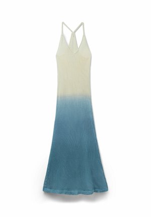 Ärmelloses Mesh-Kleid mit dünnen Trägern, V-Ausschnitt und Farbverlauf von Creme oben zu Blau unten.