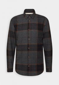 Graues Karo-Flanellhemd mit schwarzen und braunen Checks, Button-Down-Kragen, Knopfleiste vorne und langen Ärmeln. Strukturierter Stoff.
