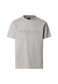 Lysegrå T-shirt med korte ærmer og "Hackett London"-logo trykt i en lidt mørkere nuance midt på forsiden.