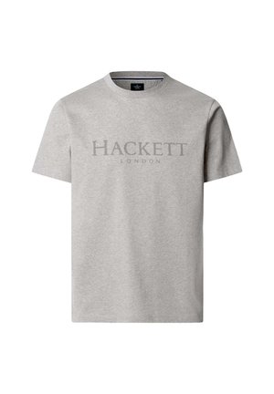Hellgraues T-Shirt mit kurzen Ärmeln und dem "Hackett London"-Logo in einem etwas dunkleren Farbton mittig auf der Vorderseite gedruckt.
