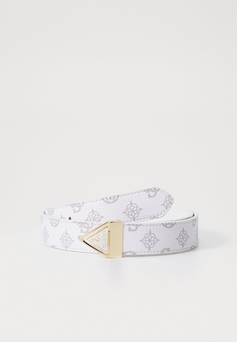 Ceinture blanche avec un motif gris en relief et une boucle triangulaire en ton doré. Elle présente un matériau texturé et durable ainsi qu'un design élégant et fin.